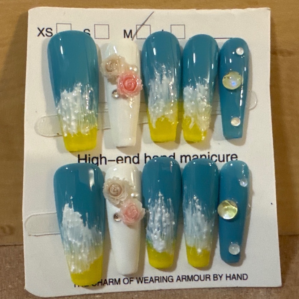 Teal and Yellow Press On Nails Medium Coffin with‎ 3D Flowers and Rhinestones